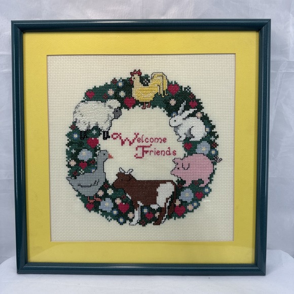 Sunset Counted Cross Stitch Other - Vtg. Professionally Framed Sunset Counted Cross Stitch Barnyard Animals Wreath